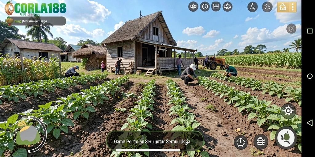 Screenshot gameplay CORLA188 menampilkan kebun yang indah dan beragam tanaman.
