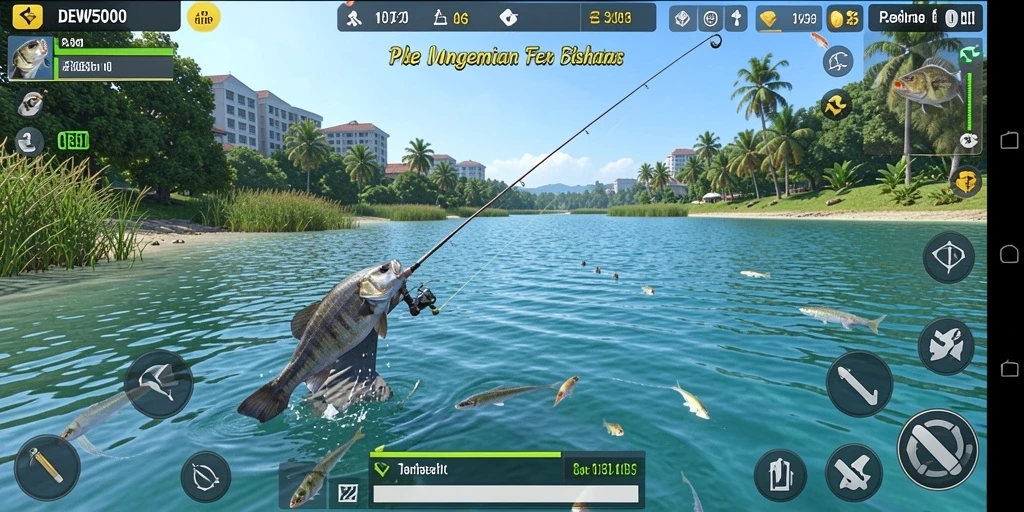 Screenshot gameplay DEWI5000 menampilkan momen seru saat menangkap ikan.