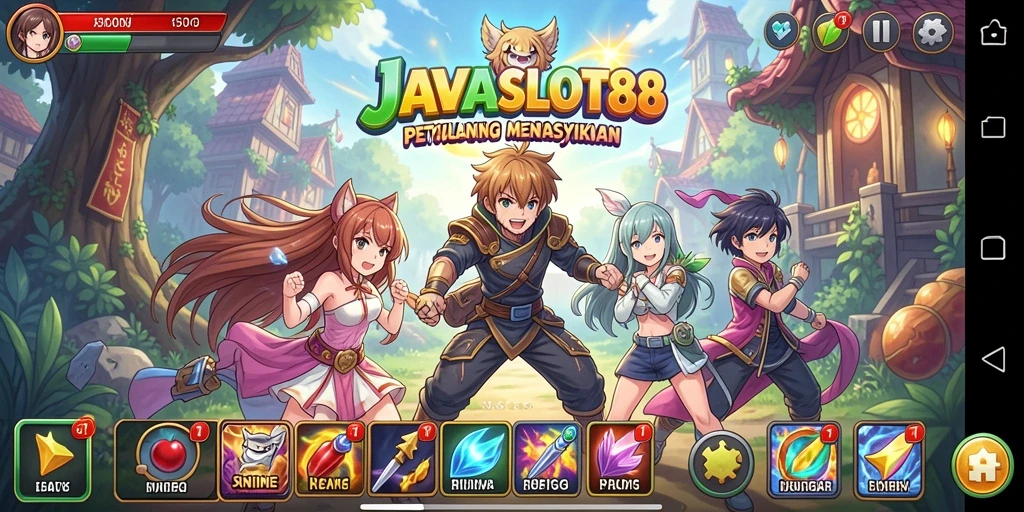 Tangkapan layar menunjukkan gameplay menarik dari JAVASLOT88 dengan karakter anime.