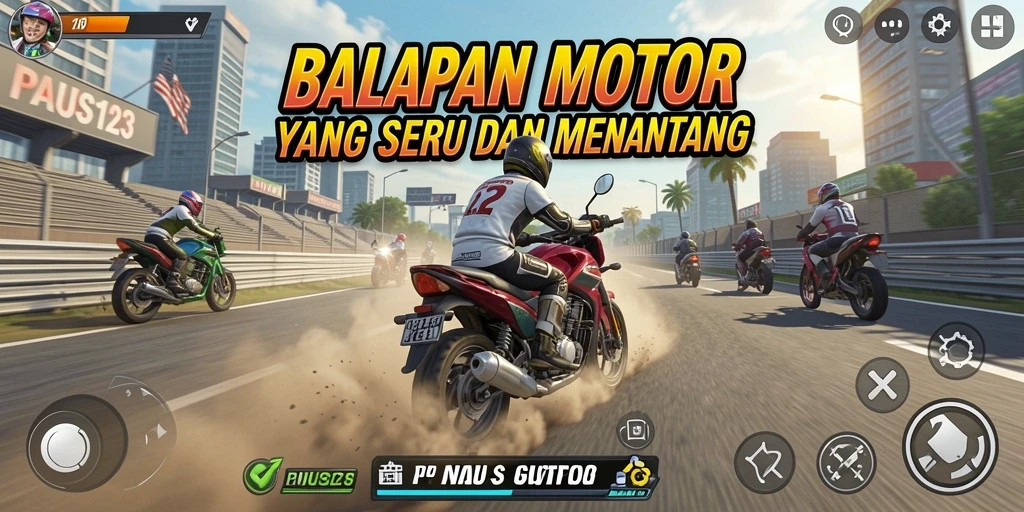 Screenshot gameplay PAUS123 menampilkan balapan motor yang mendebarkan di trek berliku.