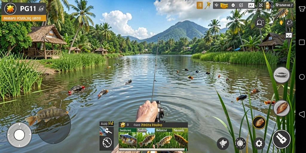 Screenshot PG11 menunjukkan aksi memancing yang mendebarkan dan pemandangan laut yang indah.