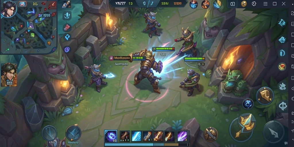 Screenshot YN777 menampilkan pertempuran epik dalam gameplay MOBA.